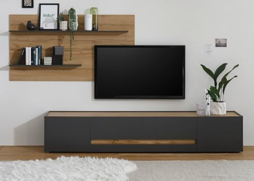 Furn.Design Wohnwand Wohnzimmer in grau matt und Eiche Wotan Holz Schrankwand mit TV Unterteil, Wandregal Set 2 teilig 300 x 180 cm Center (Set 1)