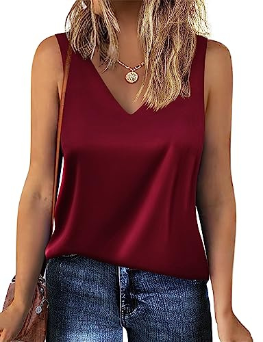 Zeagoo Camiseta de Tirantes de Satén para Mujer Top Elegante de Cuello en V Camisola sin Mangas Efecto Seda Blusa Casual de Verano Top Básico Sedoso