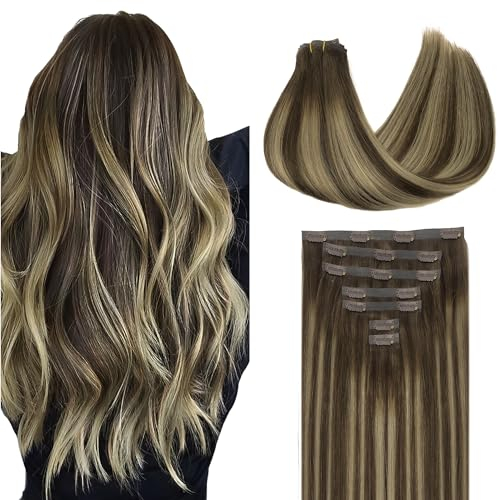 GOO GOO Nahtlose Clip in Extensions Echthaar, Echthaar Extensions Clip, 40cm 110g 7pcs, Extensions Echthaar, Haarverlängerung Echthaar, 4/26/4 Schokobraun bis Honigblond