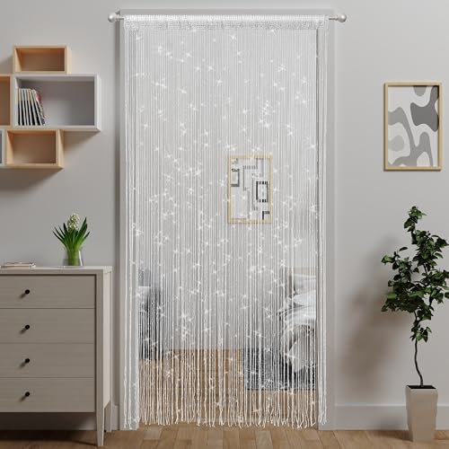 2 Pieces Door String Curtain Doorway Beads Curtains,Hanging Room Divider Beaded Decor Hippie Glitter Fringe Panel Closet Window Doors Sequin Sheer Boho Doors Tassel (White)