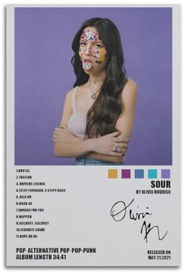 Póster de Olivia Rodrigo Sour para portada de álbum, pósteres estéticos limitados firmados con música de rapero para decoración de dormitorio, póster impreso en lienzo para pared, habitación de