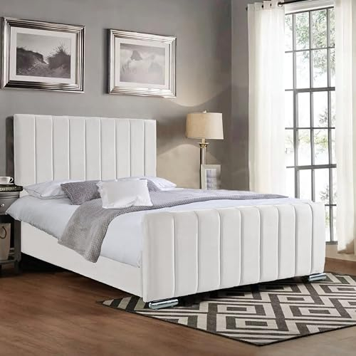 The Bed Place Panel Line Upholstered Double Bed frame with Headboard and Foot board - Double Bed 4FT6 - Wooden Bed Frame Double Bed - Cream Plush Velvet