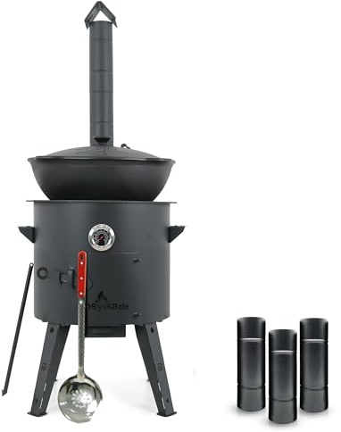Utschak Feuerofen Ø 40 cm Herdplatte Ø43 cm 4 Ringe Kazan Ø 42,5 cm (12 L) runder Boden mit Thermometer Schornsteinverlängerung Schaumlöffel 48 cm (Set - 554)