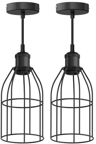 ledscom.de 2 Stück Vintage Pendelleuchte RETRA, schwarz, E27 Fassung, Käfig-Schirm 122mm Ø