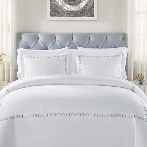 Superior Embroidered Cotton Duvet Cover Set, Soft Bedding Covers, 1 Duvet Cover with Button Closure, 2 Pillow Shams, Unique Design, Chain Links Collection, Full/Queen, White-Silver