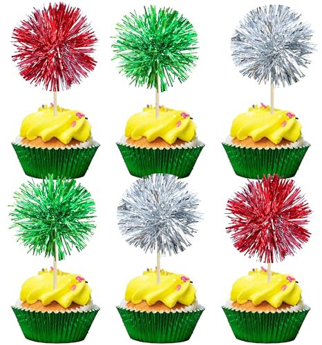 Gyufise 30Pcs Foil Firework Cupcake Toppers Sparkle Tinsel Cake Toppers Tinsel Drink Cake Decoration Cocktail Picks for Birthday Wedding Graduation Party Supplies Silver Green Red