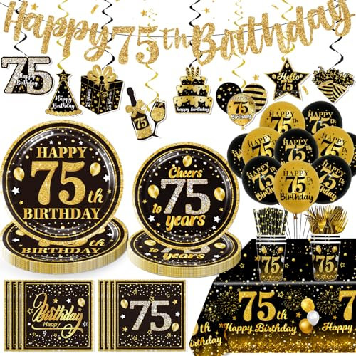 186pcs 75th Birthday Decorations for Men, 75th Birthday Decorations 75th Birthday Plates and Napkins Tablecloth 75th Birthday Banner Balloon Happy 75th Birthday Decorations Serve 25