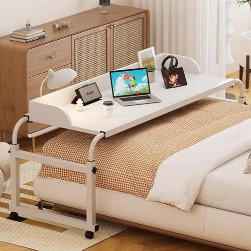 Table de Lit avec en Hauteur 65-95cm, Bureau pour Ordinateur Portable en Largeur 114-210CM avec 4 Roulette Verrouillable, Table Medicale a Roulette pour Lit pour Bureau Hôpital Lecture(Color:Blanc)