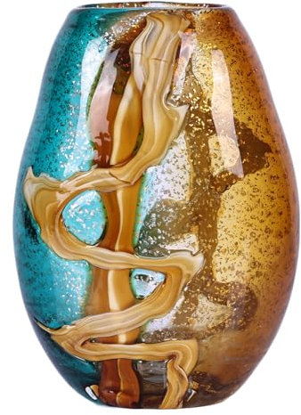 PlivBloom Blaugrüne Glasvase, mundgeblasene grüne Blume, Muranoglasvasen, einzigartige Tischdekoration, Blumen mit dekorativ, blaugrüne Vase, Dekoration, für Bücherregal, Wohnzimmer, Büro, Geschenk (M