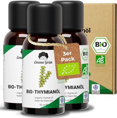 Emma Grün® Bio Thymianöl [100% Naturrein] - Ätherisches Öl 3x 30ml - Würzig-Frisches Thymian Öl zum Einnehmen - Ätherische Öle aus Bio Thymian in LEBENSMITTELQUALITÄT - Essential Oils Aus Griechenland