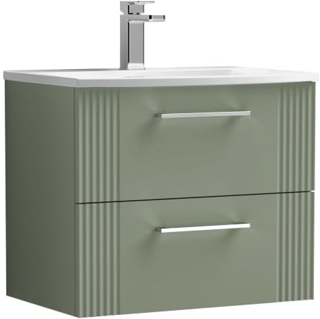 Balterley Vanity Unit with Basin Wall Hung, 2 Drawer Soft Close with Curve Sink and Handle, Bathroom Vanity Units with Basin, Partial Fluted Sink Cabinet - 610 x 440 x 530mm (Green)