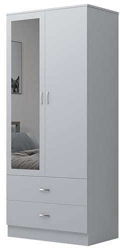 PALAKLOT 2 Door Mirrored Wardrobe with 2 Drawers | Matt Finish Modular Storage Cabinet with 3 Shelves & Hanging Rail | Space-Saving Bedroom Organizer 183x76x50 cm (White)