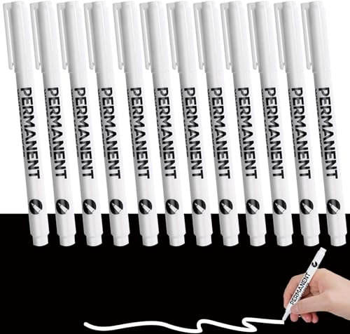 12 Pack White Permanent Marker Pen Set, 1mm Fine Tip Acrylic Paint Markers, White Marker Pen Waterproof and Quick Drying, Acrylic Pens for Paper, Fabric, Stone, Ceramic, Plastic, Glass, Wood, Metal