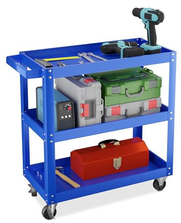 Relaxdays Werkstattwagen, Werkzeugwagen mit 3 Ebenen, mobiler Montagewagen, bis 100 kg belastbar, HBT: 76x78x35 cm, blau
