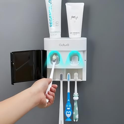 Automatic Toothpaste Dispenser with Magnetic Toothbrush Holder, White | Wall-mounted toothpaste dispenser with magnetic toothbrush holder, adhesive fitting and compact storage for a tidy bathroom.