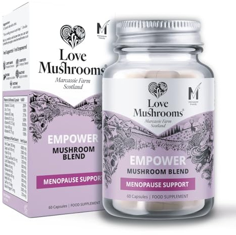 Love Mushrooms Empower 18-in-1 Menopause Support Capsules | Red Clover, Saffron, Lion's Mane, Sage, Ashwagandha, Magnesium, Cordyceps and Multivitamins; High-Strength Support - Vegan - 60 Capsules