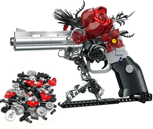 Revolver-Rosen-Blumenstrauß Klemmbausteine, Gotische Pistole Blumen-Bausteine, DIY-Botanik-Pistolen Modell für Erwachsene, Halloween-Wohnungs Dekor, Dark-Fantasy-Geschenk für Teenager (631 Teile)