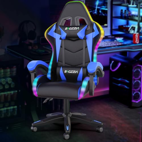 Bigzzia RGB Gaming Chair with LED Lights and Ergonomic Computer Chair Reclining PU Leather High Back Video Game Chair (Blue, With RGB Lights)