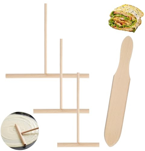 XLIUAX 4 Stück Crepes Teigverteiler Set 3 T-Teigverteiler mit Crepe | T-Teigverteiler (9/12/18 cm) mit 25cm Crepe Verteiler Spatel Crepes Holz Pfannkuchenwender Teigverteiler für Crepe Zubehör