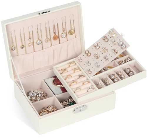 Solkraes Schmuckkästchen, Damen Doppelschicht Schmuckschatulle mit Schlüssel, PU-Leder Schmuckbox für Ringe Ohrringe Armbänder Halsketten, Geschenke für Mädchen Frauen (Beige)