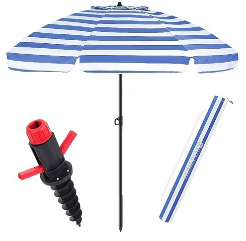 HOMEDEMO Sonnenschirm Strandschirm mit verstärkter Bodenhülse, Ø 160 cm Gartenschirm Marktschirm, 3er Set, Terrassenschirm mit Schutzhülle, Blau-Weiß Streifen rund Sonnenschutz UV50+ Schutz