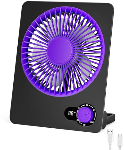 Foumteex Klein Tischventilator,Leise Ventilator Akku 4000mAh 100 Geschwindigkeiten 180°Einstellbar Tragbarer LED Anzeige Fan Für Büro Bibliothek Reise USB-Aufladung Lüfter (Grauviolett)