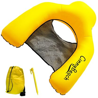 Cinnybeach, Materassino mare, Autogonfiabile, Poltrona piscina con Rete, amaca mare, Materassino Senza Pompa per Spiaggia e Piscina, con Borsa e Picchetto - Innovativo si Gonfia con il Vento (Giallo)