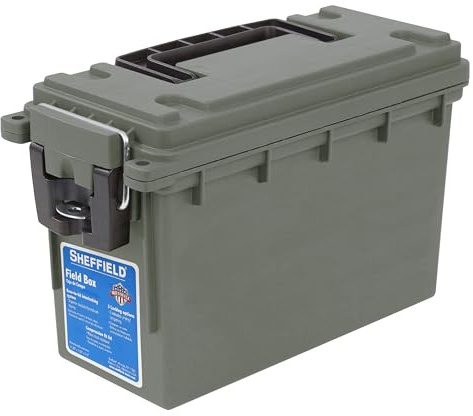 Sheffield 12626 Ammo Storage Box, Stackable .30 Cal Field Boxes, Water and Dust Resistant, Lockable Storage Box with Handle, Secures Hunting Gear, Supplies, and Bullets, Made in USA, Green, 1-Pack