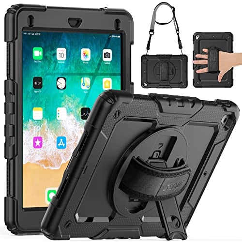 SEYMAC Hülle für iPad 6./5. Gen 2018/2017 (9.7 Zoll), Hülle für iPad Air 2/iPad Pro 9,7, Stoßfeste Cover mit Displayschutzfolie, Drehbarem Ständer und Handschlaufe, Schultergurt, Stifthalter, Schwarz