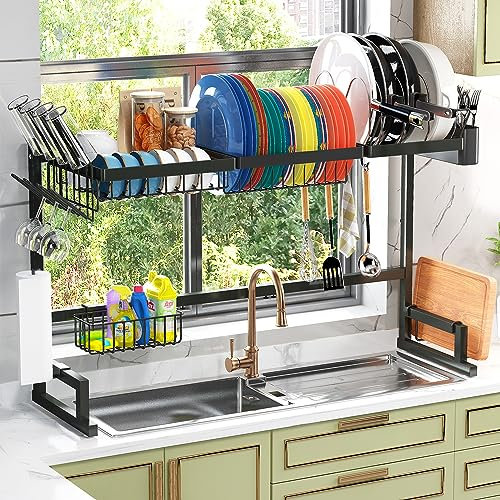 ADBIU Escurridor de Platos sobre el Fregadero, Estante de Acero Inoxidable para Colgar sobre el Fregadero (Color Negro, tamaño Ajustable)