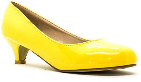 Ladies Womens Low Kitten Heel Work Court Evening Girls Shoes Pumps UK Big Sizes (Yellow Patent, 9)