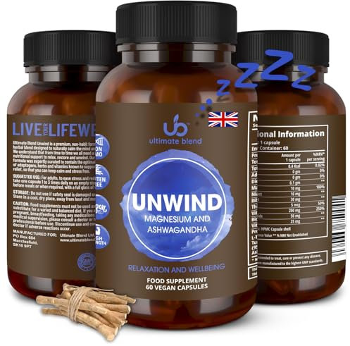 Ultimate Blend Relax Unwind with Magnesium & Ashwagandha, Natural Stress Relief Supplement | Calm and Relax from Tension, Sleeplessness - 60 Vegan Capsules