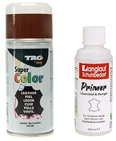 TRG Lederfarbspray 150ml Lederfarbe + Primer & Lederreiniger 100ml für Glattleder | Spray für Schuhe, Kunstleder & Stoffe, starke Deckkraft, viele Farben inkl. Metallic (london tan 373/48)