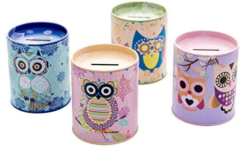 Ogquaton Spardose aus Weißblech, zylinderförmig, CartoonDesign, bunte geometrische EulenMuster, GeldSpardose, Prämienhalter, Münzaufbewahrung, Geschenk, 1 Stück zufällige Farbe, kreativ und