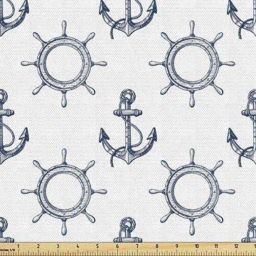 Lunarable Nautischer Stoff von The Yard, Marine Elements Anker Schiffsrad Windrose Segeln in den Ozean Thema, Dekostoff für Polster und Wohnaccessoires, 2,7 m, Nachtblau