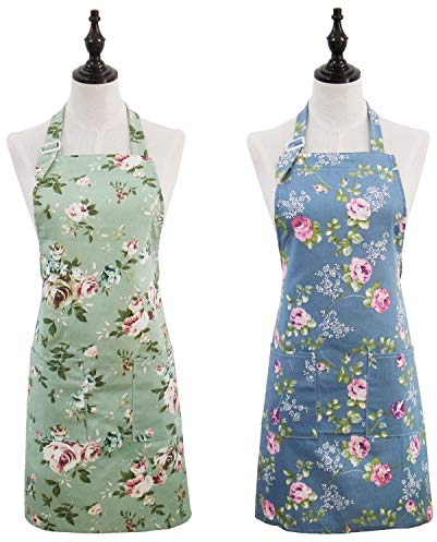 2er-Pack Blumenschürzen für Frauen mit 2 Taschen, verstellbare Küchenschürzen mit Rosenmuster, perfekt zum Kochen, Backen, Gartenarbeit, niedliches Geburtstagsgeschenk für Ehefrau, Tochter, Oma