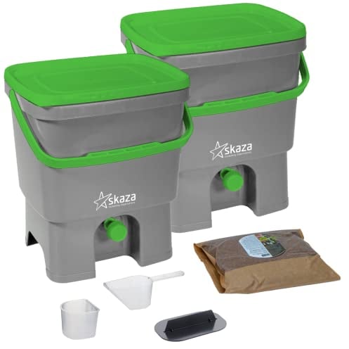 Skaza Bokashi Organko Biomülleimer Küche Set (2 x 16 Liter) – Komposteimer Küche und Garten – mit 1 Kg EM Fermentieren Aktivator (Grau-Grün)
