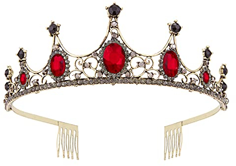 Vofler Gold Schwarz Tiara Krone mit Rubin - Barock Vintage Kristall Rot Strass Stirnband für Frauen Königin Dame Mädchen Braut Prinzessin Geburtstag Hochzeit Abschlussball Festzug Kostüm Party