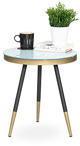 Bravich Marble Effect Round End Table. Nesting Table With Black & Gold Legs & Tempered Glass Top. Modern Home Furniture For Living Room, Bedroom, Kitchen, Office- 50 X 45cm.