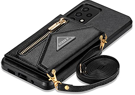 GUVAGI für Samsung Galaxy A53 5G Hülle mit Band Handykette Handyhülle,Flip 4-Karten Leder Klappbar Reißverschluss Handytasche Mädchen Case mit Abnehmbar Kette Schnur Tasche Hinten Umhängen (Schwarz)