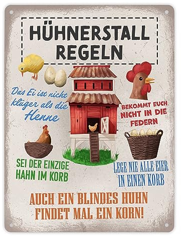 Hühnerstall Regeln Metallschild XL in 21x28 cm für Hühnerhalter witziges Blechschild für den Hühnerstall mit lustigen Sprüchen im Used-Look