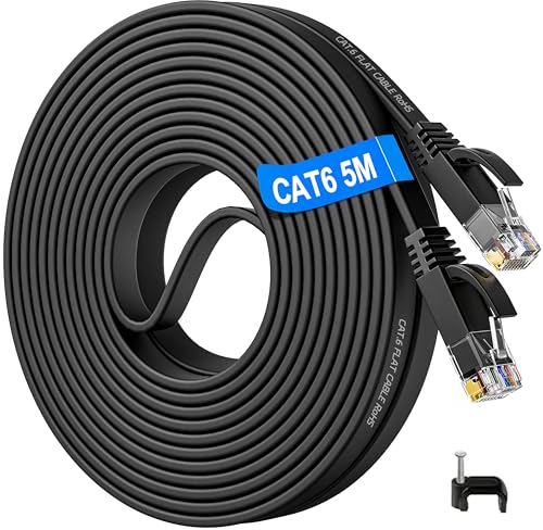 Soibke Cable Ethernet 5 Metros, Cat 6 Cable de Red Plano 5m, Cable RJ45 Alta Velocidad 10/100/1000 Mbits Cable Wifi, LAN Gigabit Largo Cable Internet 5 Metros para Módem Switch(Negro, 5 Clips)