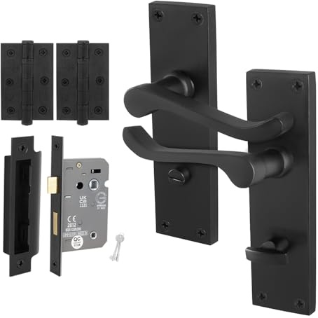 EAI Matt Black Door Handles with Bathroom Lock 80mm and Hinges | Complete Bathroom Kit with 1 Pair of Victorian Scroll Lever Door Handles, 80mm Bathroom Lock, Hinges, Fixings Included
