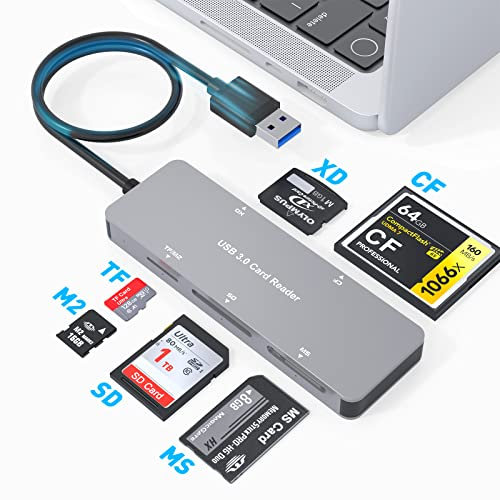 6 in 1 USB 3.0 Card Reader, SD/TF/CF/MS/M2/XD Micro SD Memory Card Reader Adapter with Aluminium USB 3.0 (5Gbps) Super Speed, Compatible with Windows/Linux/Mac OS/Vista