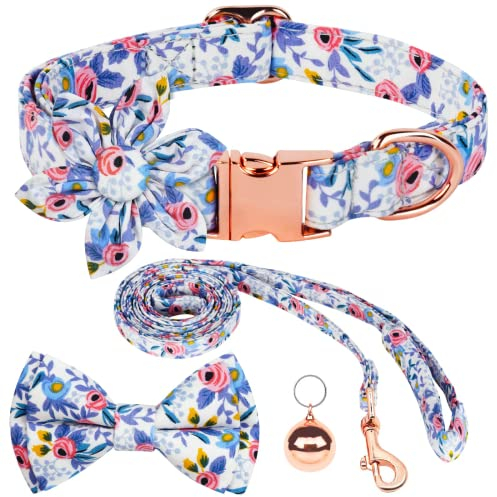 AUAUY Hundehalsband mit Fliege, Komfortable Seide Hundehalsband mit Abnehmbaren Fliege, Langlebige Bequeme Baumwolle Halsband mit Metall-Klickverschluss Schöner Fliege und Glöckchen für Hunde(Blau S)