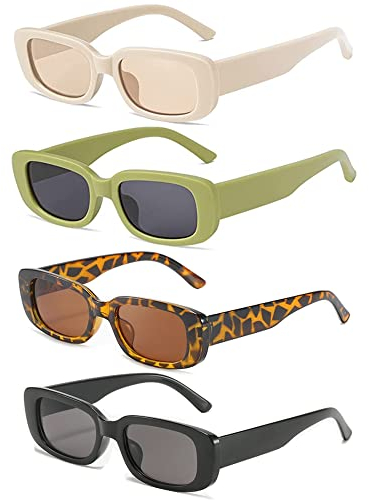 FSMILING 4 Stück Vintage Rechteckige Sonnenbrille Damen Set 90er Retro Sonnenbrillen Trendy Sunglasses Women Brille für Damen Herren