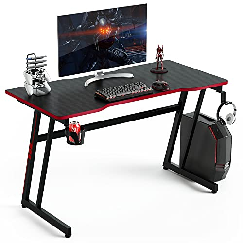 COSTWAY Computer Desk, 120cm Study Table Writing Workstation with Headphone Hook, Cup Holder and Game Handle Rack, Z-Shaped PC Laptop Table Working Gaming Desk for Home Office Bedroom (Red+Black)