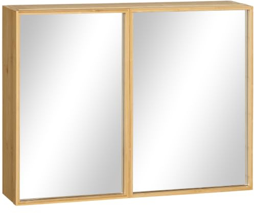 kleankin Specchiera da Bagno in Bambù e Vetro con 3 Ripiani, 2 Ante e Montaggio a Muro, 65.2x14x50 cm, color Legno