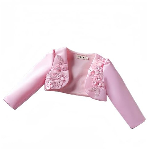 Proumhang Châle Cardigan et Veste pour Enfants,Boléro Châle à Manches Longues,Fleurs en Satin,Ouvert sur Le Devant,Robe de Mariage,de Demoiselle d'honneur,d'anniversaire et de Princesse Rose 110
