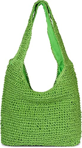 styleBREAKER Damen Papierstroh Beuteltasche mit langen Henkeln | sommerliche Flechttasche mit Reißverschluss | Strandtasche Schultertasche, Farbe:Grün